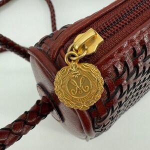 Vintage Medallion Woven Leather Crossbody Bag Brown 10x8.5x2 Braided Strap